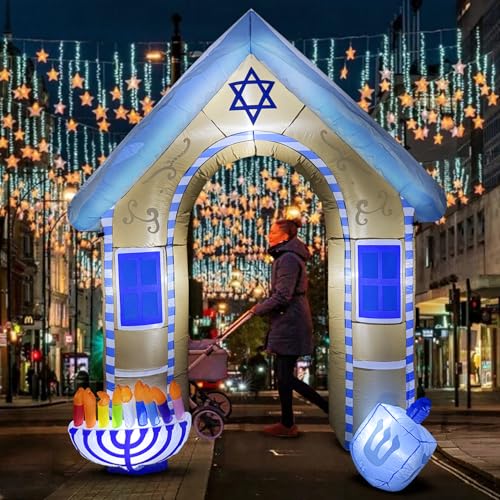 9FT Hanukkah Inflatable Decoration Arch with Menorah and Dreidel Chanukah Blow up Archway Built-in LEDs for Holiday Party Front Garden Lawn Yard Patio Outdoor