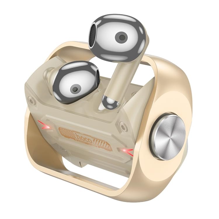 Close-up view of a single gold ELECTROPRIME HOCO EW55 earbud partially inserted into its matching gold charging case, highlighting the mecha design.