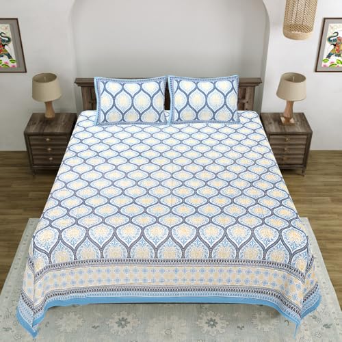 Image of Living Roots Jaipuri Hand Block Print Double Cotton Bedsheet & 2 Pillow Covers, for Mattress Upto 8 inches Thick, No Colour Bleeding, Blue Colour, Super King Size 96 * 104 inches, 150TC (575-C)