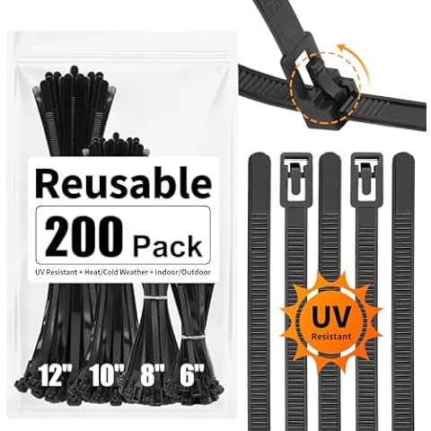SOOOEC 200 Pack Reusable Zip Ties Assorted Sizes 6+8+10+12 Inch UV Resistant, Black Zip Ties Heavy Duty Outdoor Releasable Round Ending No Hurt, Cable Ties Reusable Tie Wraps Indoor Non Slip Off Cover
