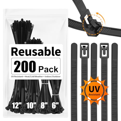 SOOOEC 200 Pack Reusable Zip Ties Assorted Sizes 6+8+10+12 inch UV Resistant Black Zip Ties Heavy Duty Outdoor Releasable Round Ending No Hurt Cable Ties Reusable Tie Wraps Indoor Non Slip Off