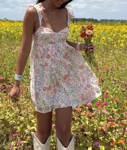Image of NUFIWI Y2K Ruffle Hem Babydoll Mini Dresses Square Neck Spaghetti Strap Short Dresses Boho Flowy Patchwork Sundress Vocation