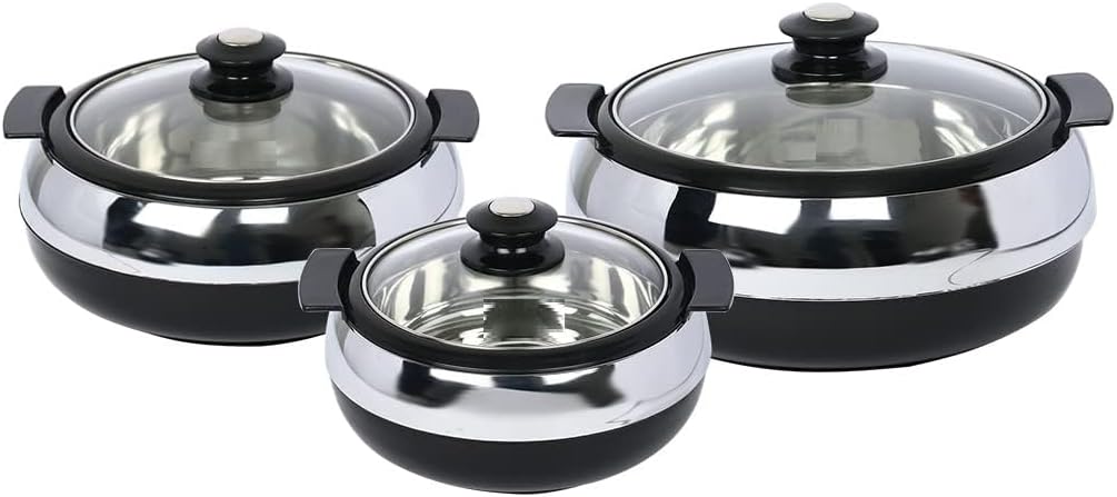 Casserole Serving Toughened_Glass Lid PUF Insulated Hot Box | Roti Box | Easy to Carry | Food Grade_Stackable_Kitchen Gift Item Set of 3 800,1200,1700 ml, Black