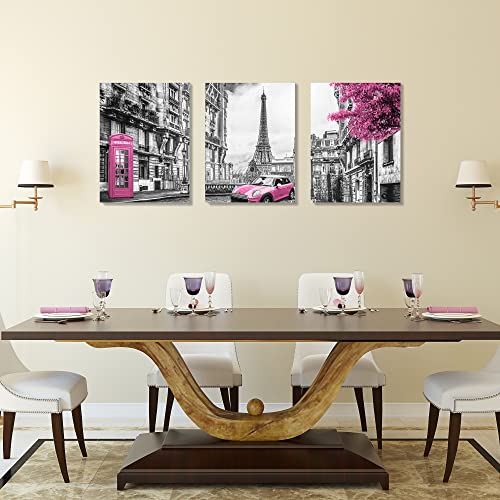 Pink Paris Art Wall Decor Eiffel Tower Canvas Wall Art For Bedroom Living Room 3 Panel Black And White Building Pictures Modern Home Art Decoration 12X16 #TOP2