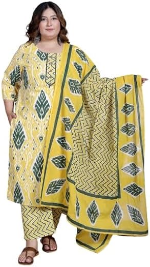 Swasti Women Plus Size Yellow Floral Print Pure Cotton Straight Kurta, Dupatta & Pant Set