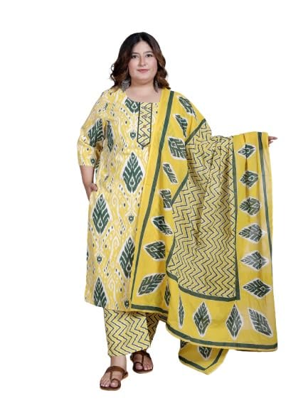 Swasti Women Plus Size Yellow Floral Print Pure Cotton Straight Kurta, Dupatta & Pant Set - Review, Price and Buying Guide