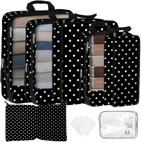 7 Pcs Compression Packing Cubes for Travel, Waterproof Suitcase Luggage Backpack Organizer with Toiletry Bag Travel Essentials for Women/Men-Polka Dots by ysnifeiw - Used condition - US$31.29