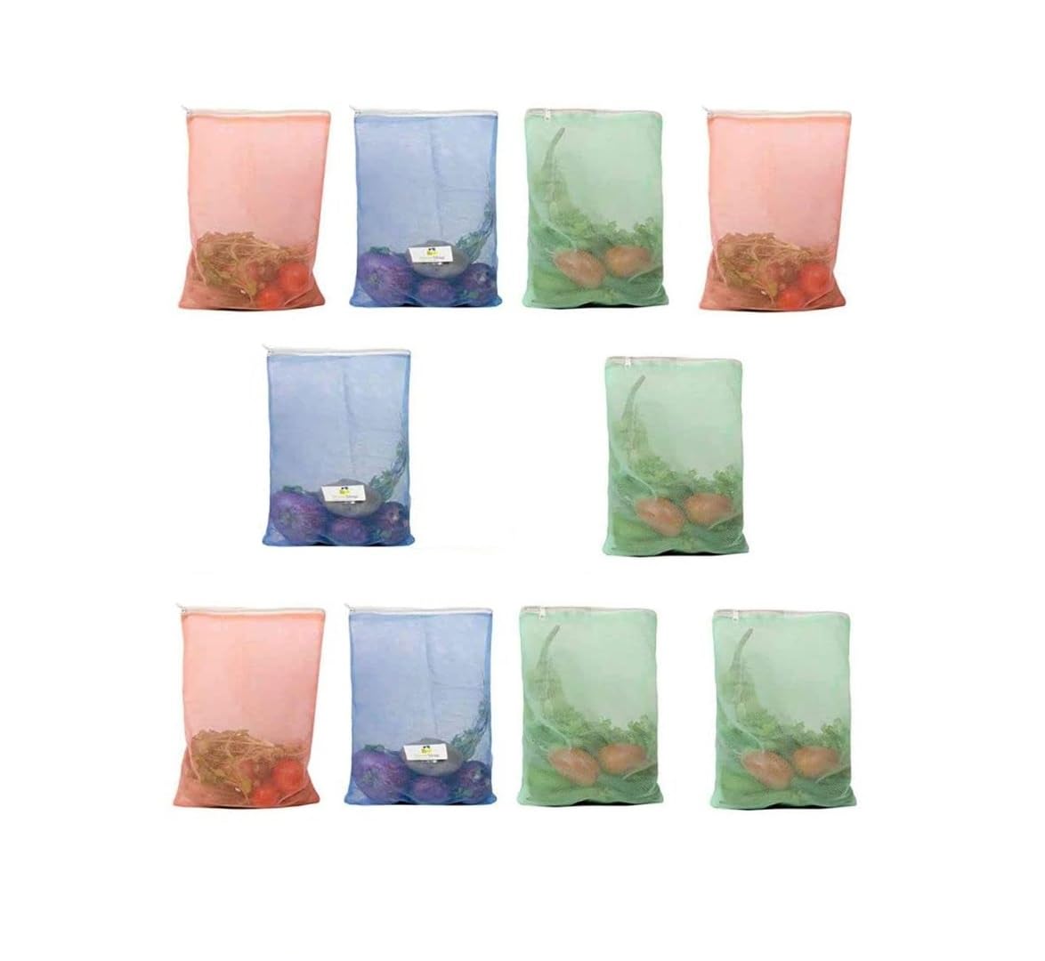 Set of 10 Reusable Fridge Storage Bags for Vegetables and Fruits with Zipper Dual Layer Mesh Net Multipurpose Multi-Size Kitchen Storage Bags Organizer-image-5