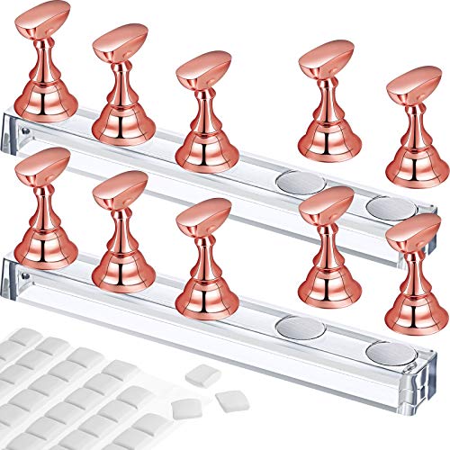 Blulu 2 Set Nail Stand for Painting Press Nail Holder Acrylic Magnetic Tips Training Fingernail Display Stands DIY Crystal Holders and 96 Pieces White Reusable Adhesive Putty(Metal Rose Gold)