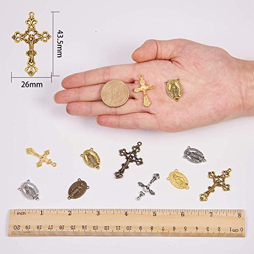 SUNNYCLUE Tibetan Style Rosary Cross Charms and Center Miraculous Medal Easter Vintage Cross Crucifix Pendants Oval Chandelier Links Bronze Connector Charm for Rosary Bead Necklace Making Supplies