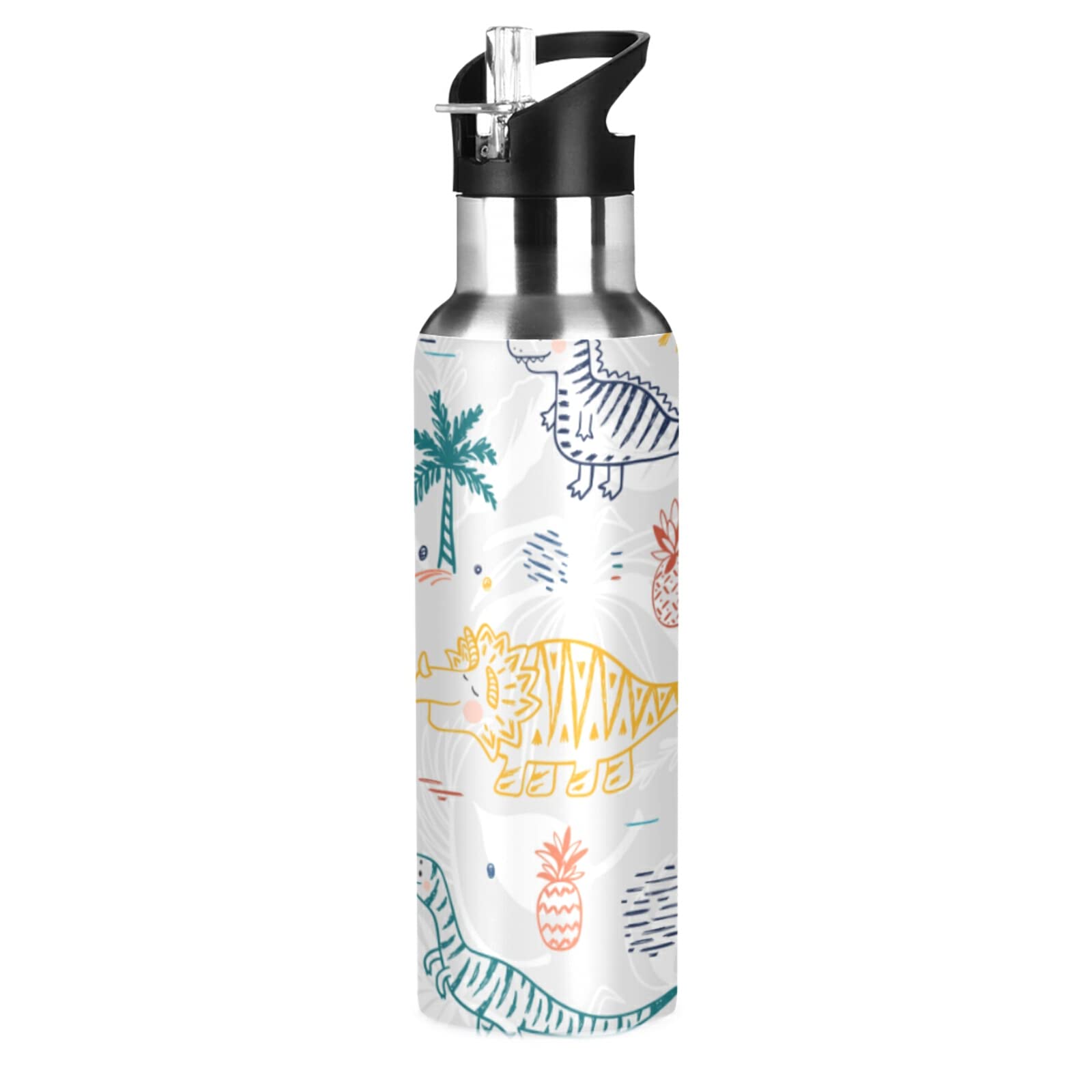 Edelstahl-Wasserflasche 600 Ml Mit Strohhalm – Isoliert, Auslaufsicher, Dino-Design, Für Kinder & Erwachsene