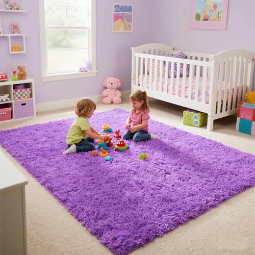 Purple Area Rugs for Girls Bedroom Living Room, 8x10 Fluffy Fuzzy Shaggy Carpet for Kids Playroom Nursery, Thick Soft Plush Mat for Kids Baby Boys Teen Dorm Home Decor Aesthetic