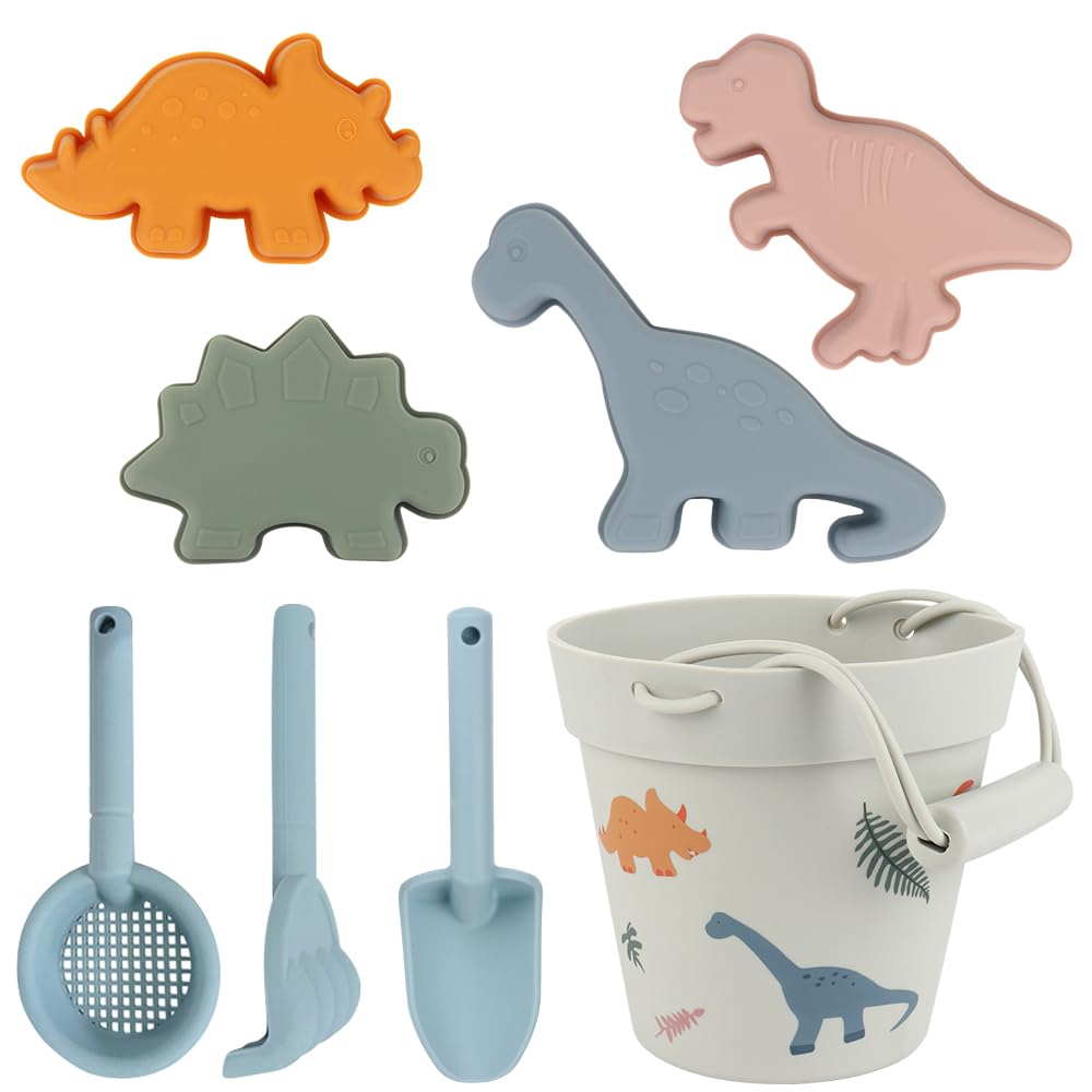 PLLYPE 8PCS Juego Juguetes de Arena de Silicona Juguetes de Playa de Silicona Incluye Cubo Pala y 4 Moldes Juego de Juguetes de Arena para Playa para Bebe 2 3 4 5 Años Niños Niñas (Dinosaurios)