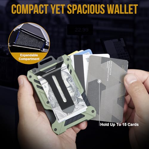 Image of 1T Tactical Minimalist Slim Wallet with Moeny Clip, Front Pocket RFID Blocking Wallet Cash Holder, Versatile Credit Card Orgainzer, ID Card Badge Holder for Men, Green, One size, Metal Mini Wallet