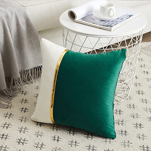 Image of Fancy Homi 2 Packs Christmas Green Throw Pillow Covers 18x18 Inch for Living Room Couch Bed, Green and White Velvet Patchwork with Gold Leather, Christmas Home Decor Square Cushion Case 45x45 cm
