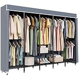 Higeego 94.5'W Heavy Duty Garment Rack with Cover, H5C Large Clothes Rack with Adjustable Shelves and Hanging Rods Dustproof Closet for Storage and Organizer, Black Rack with Grey Cover, Load 1400 lbs