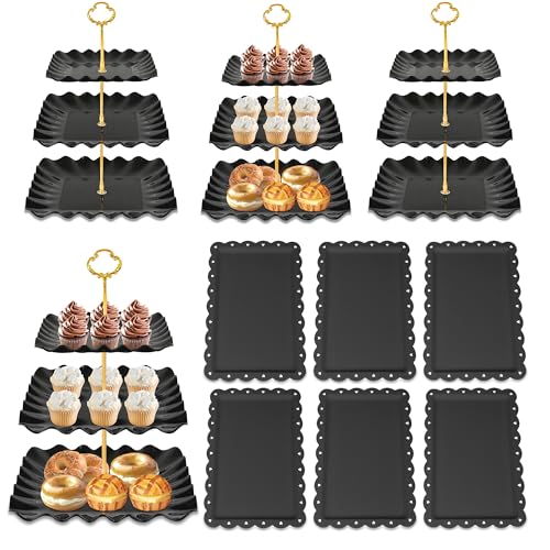 10 Pack Dessert Table Display Set - 4 x Three-Tier Square Cupcake Stands and 6 x Serving Trays, Elegant Tableware for Cakes, Cupcakes, Pastries, and Snacks, Perfect for Parties (Black)