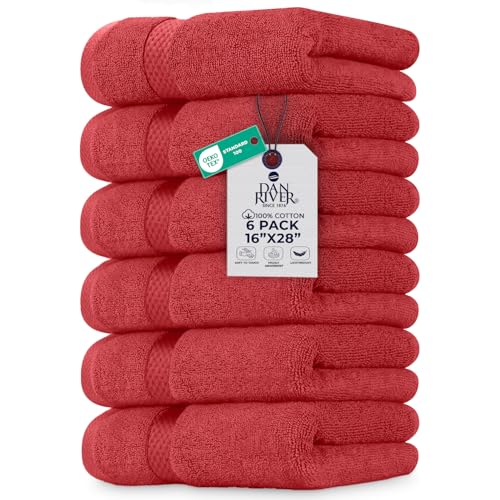 Image of DAN RIVER 6-Pack Premium Hand Towels (16x28 Inches) - 100% Cotton, Ultra Soft, Lightweight, Highly Absorbent Towels for Bathroom, Spa, Gym, Salon, Hotel, and Travel - Red