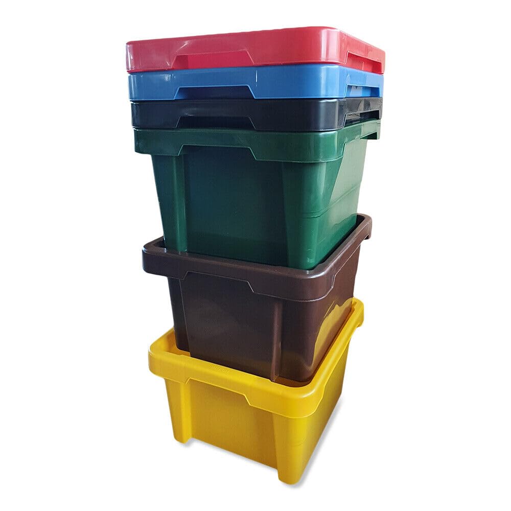 kanister-vertrieb® 5er-Set Aufbewahrungsbox Spielzeugkiste Kunststoffbox Box mit Deckel stapelbar, für Lebensmittel, PP-Kunststoff, 20 L, 43x35x23 cm (braun)