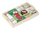Polly Kaufladen Zubehör Set Käse, Milch auf Dem Holztablett | Kinder Spielzeug für den Kaufmannsladen | Kinderkaufladen Miniaturen