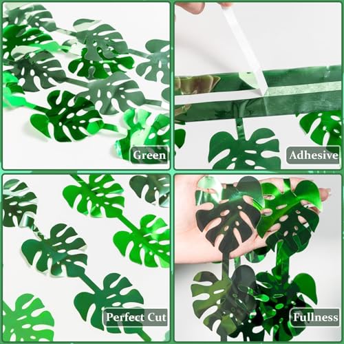 Image of 3 Pack Jungle Leaf Foil Fringe Curtain for Jungle Party Decorations, 3.3x6.6Ft Safari Theme Leaf Tinsel Streamer Backdrop, Photo Booth Prop Zoo Animal Birthday Party Supplies Baby Shower Favors