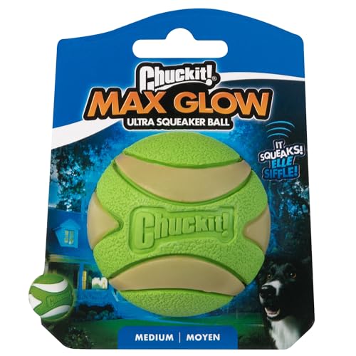 Chuckit! - Max Glow Ultra Squeaker Ball - Phosphorball für Hunde - Quietschball für Hunde - Leuchtet im Dunkeln - Erzeugt lustige Geräusche - Stärkt die Bindung - Größe Medium - Durchmesser 6,5 cm