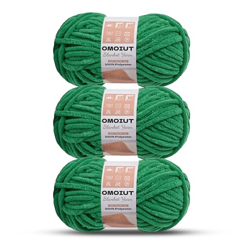 Image of 3 Pack of Green Chunky Chenille Yarn for Crocheting, Soft Baby Blanket Yarn, Chunky Knit Blanket Crochet Yarn, #7 Super Bulky, 10.6oz /164 yds Fluffy Velvet Amigurumi Yarn