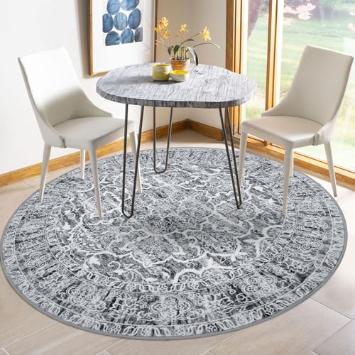 KUTA Vintage Round Rugs 5ft, Grey White Washable Circle Rug 5ft, Non-Slip Printed Medallion Carpet for Living Room, Soft Cozy Dining Kitchen Throw for Entryway