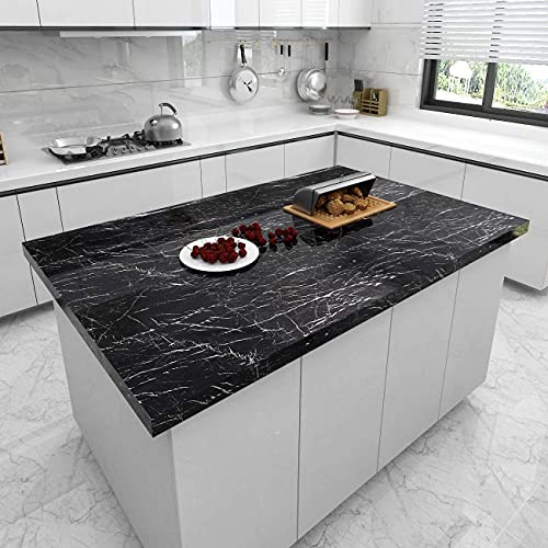 Image of FOKRIM Black Marble Self Adhesive Wall Stickers Oil-Proof Waterproof Peel & Stick Contact Wallpaper for Kitchen Living Room Office Table Home Decor Furniture Workshop (205.5CM X 60.5CM) (Black)