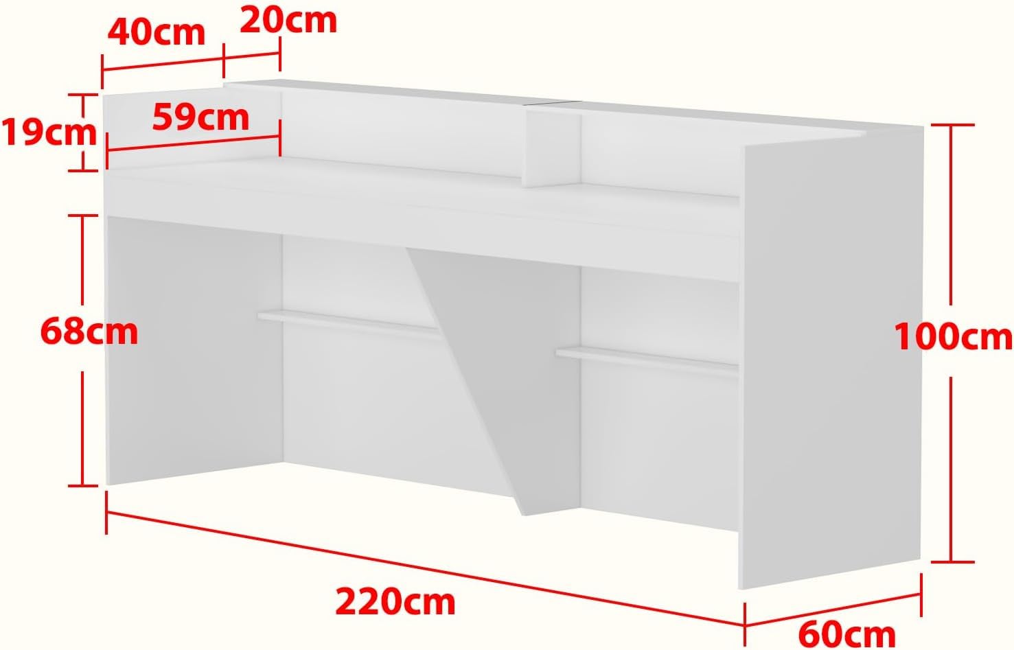 große Empfangstheke mit großer Arbeitsfläche, Empfangstresen, Rezeption, Rezeptionstheken, Laden-Theke, Verkaufstheke, Rezeptionsmöbe, weiß, MDF, 220 cm X 110 cm X 60 cm
