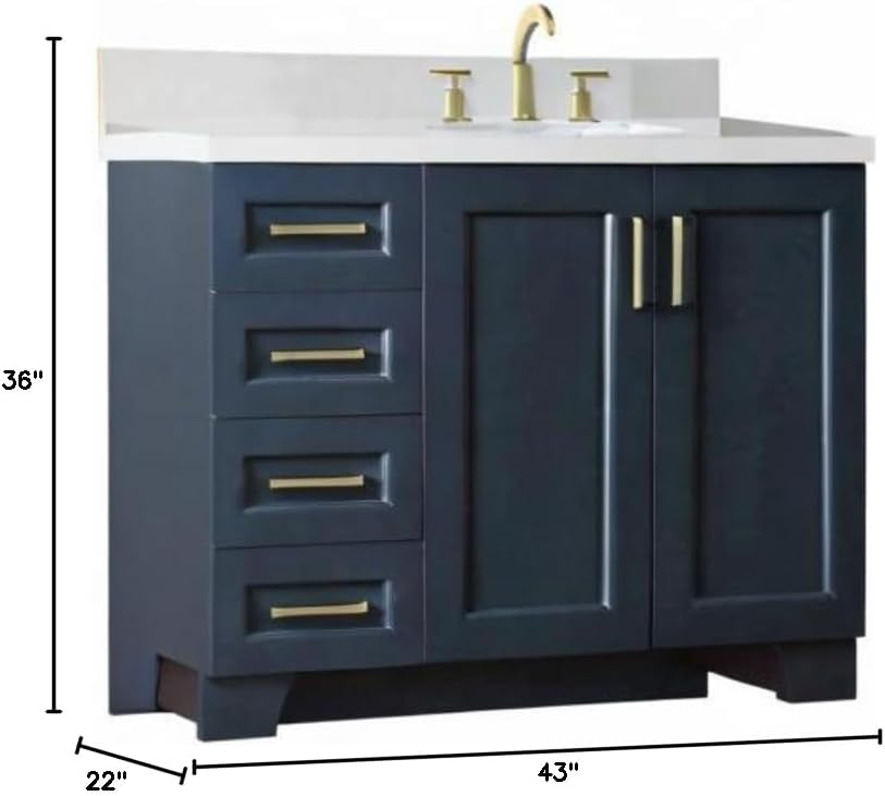 ARIEL Taylor 43" Inch Bathroom Vanity in Midnight Blue with White Quartz Countertop with Right Offset Oval Sink