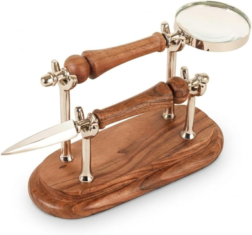 Set with Magnifying Glass and Letter Opener, Silver Brown Wood Office Desk Accessories, Decorative Home Office Decor, Professional Business Gift (Silver Brown Oval)
