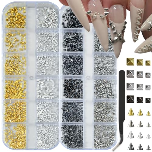 OPMADM 2 Box Goth Nail Charms Punk Metal Nails Studs Square Cone Spike Gold White Gold Silver Black Accessories