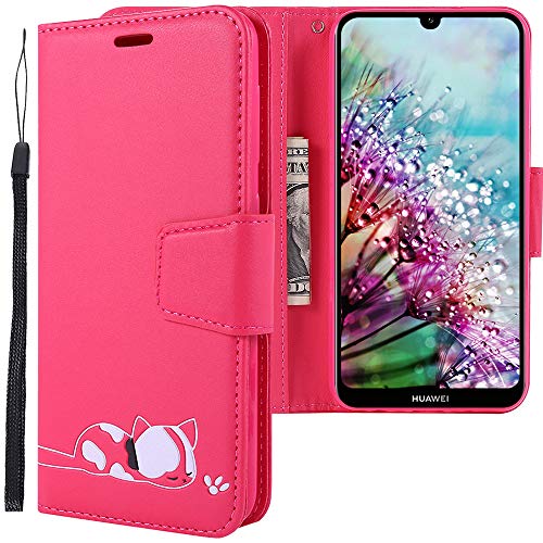 CLM-Tech Funda Compatible con Huawei Y6 2019, Carcasa Cuero sintético con Soporte y Ranuras para Tarjetas, Gato Rosa
