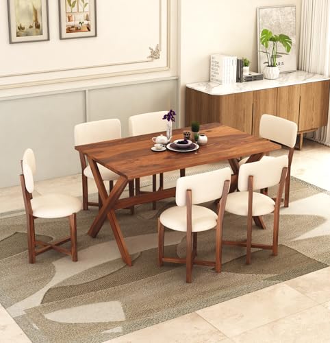 Image of MURALICRAFT Sheesham Wood 57 inch Dining Table 6 Seater | Six Seater Dinning Table Set with 6 Upholstered Dining Chairs | Table Top: Premium Sheesham Wood | Chair: Round Edge | Easy Assembly, Honey