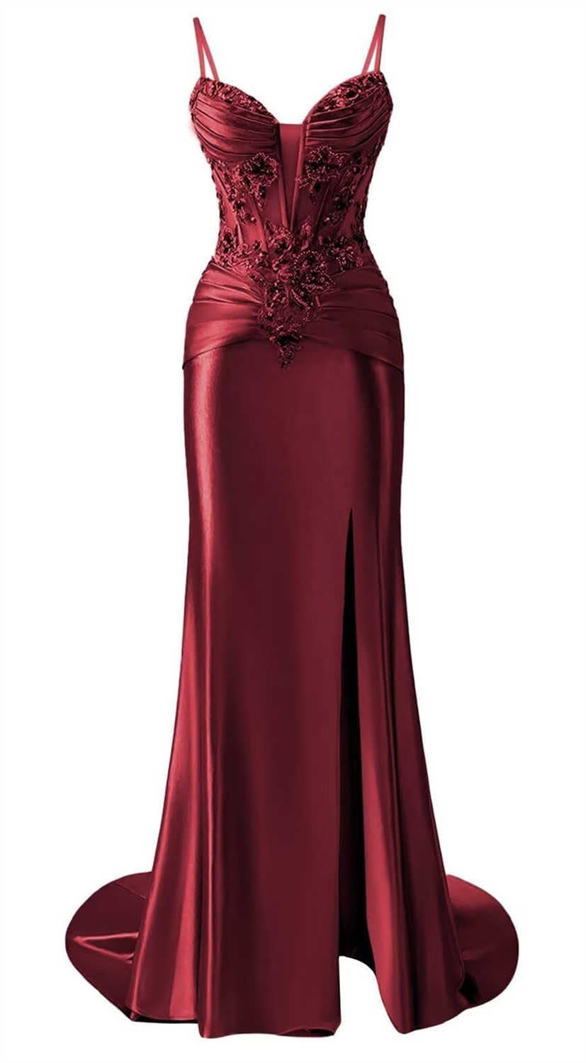 Kiyne Women's Burgundy Mermaid Satin Prom Dresses With Slit For Sleeveless Spaghetti Strap Homecoming Dress Formal Party Gown Uk10