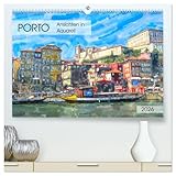 Porto - Ansichten in Aquarell (hochwertiger Premium Wandkalender 2026 DIN A2 quer), Kunstdruck in Hochglanz: Illustrierter Stadtrunden durch Porto (CALVENDO Orte)
