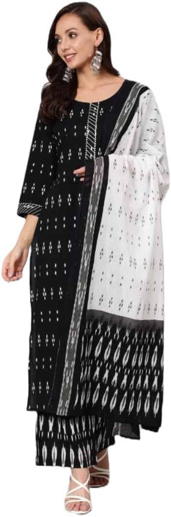 Women Kurti with Dupatta and Palazzo Set | Ladies Top Kurta Kameez Salwar Suit Bottom Pant | Ethnic Festive Traditional Party Dress (Black & White, S)