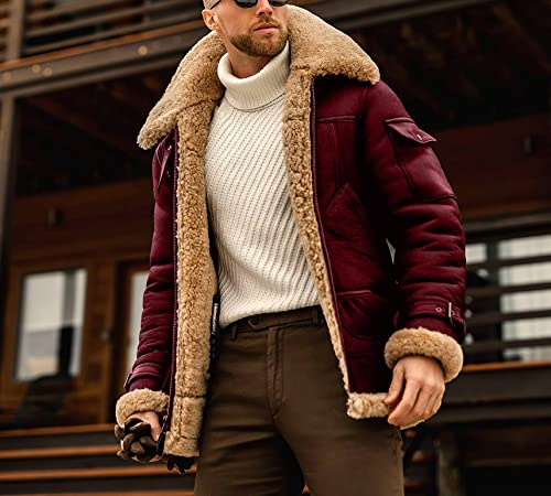 Mens Faux Fur Bomber Jacket Sherpa Lined Fleece Shearling Coat Lapel Motorcycle Cargo Trucker Aviator Outwear2