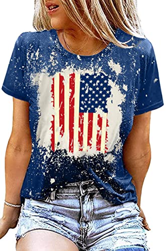 American Flag Shirt Women Patriotic Shirt Vintage USA Flag Bleached T-Shirt Short Sleeve 4th of July Tee Tops (Blue-2, Medium)