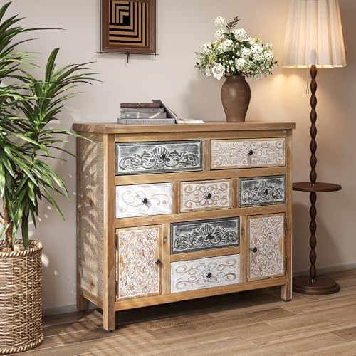 Image of Farmhouse Boho Accent Cabinet with 7 Drawers and 2 Doors, Vintage Storage Cabinet with Solid Wood Frame, Hand-Carved Distressed Console Cabinet for Living Room, Entryway, Hallway, 39.37 Inch Wide