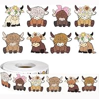 500Pcs Cute Highland Cow Roll Sticker Western Cattle Stickers for Kids Bottle Cartoon Animal Paper Decals 8 Designs Self-Adhesive Stickers for Envelopes Scrapbook Gifts DIY Supplies
