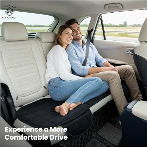 Image of MYARMOR Car Seat Cover | Ultra-Soft Quilted Foam Cushion with Non-Slip Grip & Storage Pouch | Universal Fit Rear Car Seat Protector | Extra Large 50 x 20 Inches | Black Velvet | 1 Pc