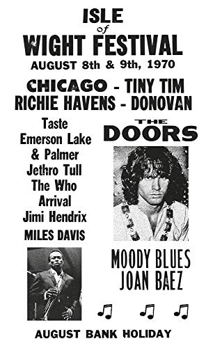 Isle of Wight Festival - The Doors - Miles Davis - Jimi Hendrix - The Who 13”x22” Vintage Style Showprint Poster - Concert Bill - Home Nostalgia Decor Wall Art Print