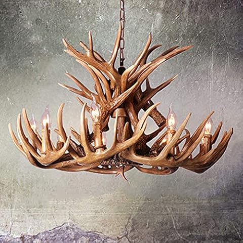 Deer Antler Chandelier Rustic Resin Farmhouse Candle Style 9+6 Heads Resin Antlers Chandelier, 9 Light Rustic Deer Horn Chandelier for Island Dining Room Living Room Lamp Antler Chandelier Lighting, E Cover