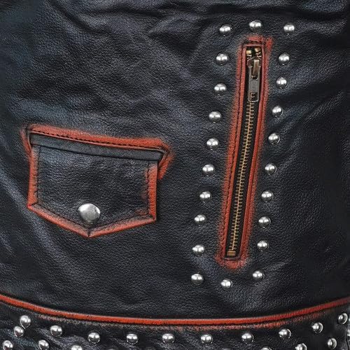 Mens Studded Leather Jacket Punk Rock star Gothic Brando Biker Genuine Cowhide Black Distressed Spiked Jacket