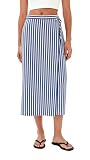 CHARTOU Women Striped Wrap Midi Skirt Cotton Linen High Waist Tie Waist Split Long Skirt for Summer Beach Vacation (Large,Blue)
