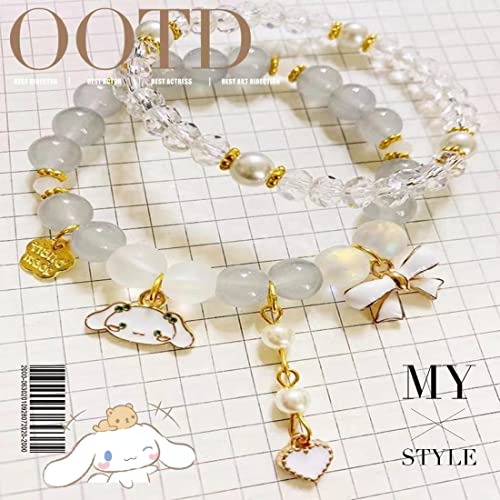 GAUEIOUR Cinnamoroll Crystal Bead Bracelet,Lovely Beige Cartoon Crystal Beads Elastic Bracelet Girls and Women, Small Fresh Simple and Lovely Cartoon Jade Dog Jewelry (Beige 2 Pack) - 4