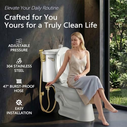 TRIPHIL Handheld Bidet Sprayer for Toilet, Adjustable Water Pressure Jet Bidet Attachment with Leak-Proof 304 Stainless Steel T-Valve for Bathroom Cleaning, Cloth Diaper/Feminine Wash, Brushed Gold - 1