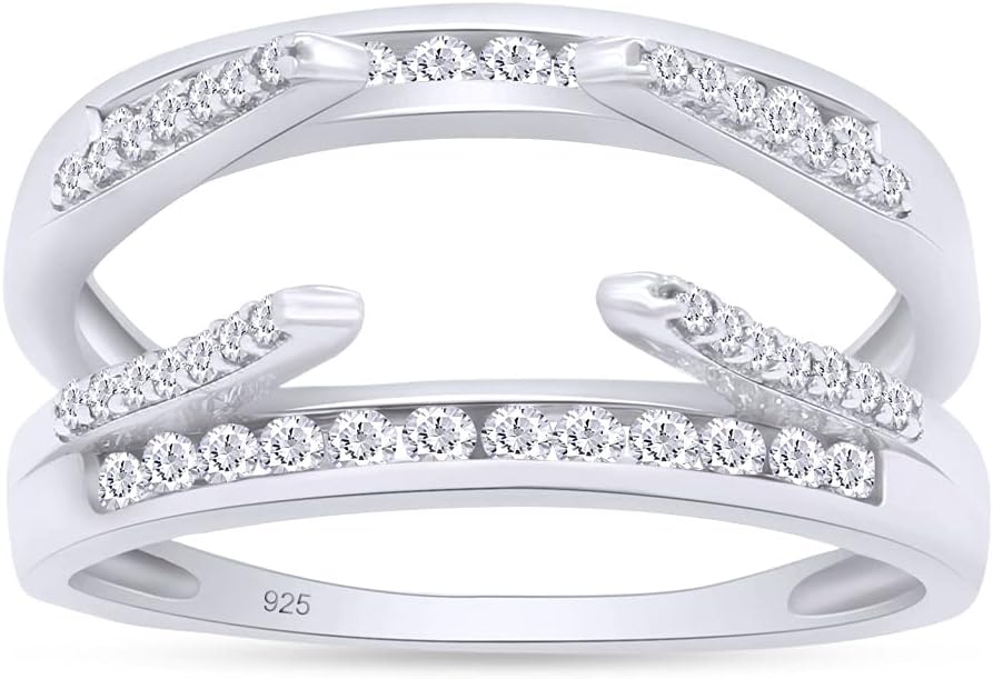 Round Cut White Cubic Zirconia Solitaire Chevron Double Enhancer Guard Ring, 14K White Gold Over Sterling Silver, Elegant Wedding Jewelry for Women